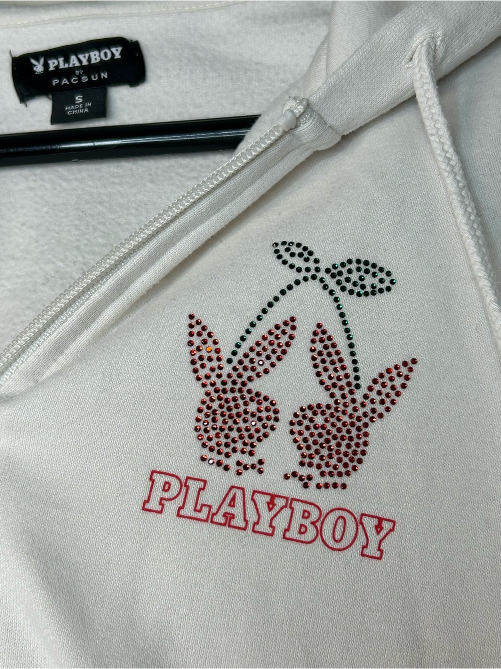 Playboy x PacSun White Cherry Rhinestone Zip-Up Hoodie Size S - Picture 2 of 5